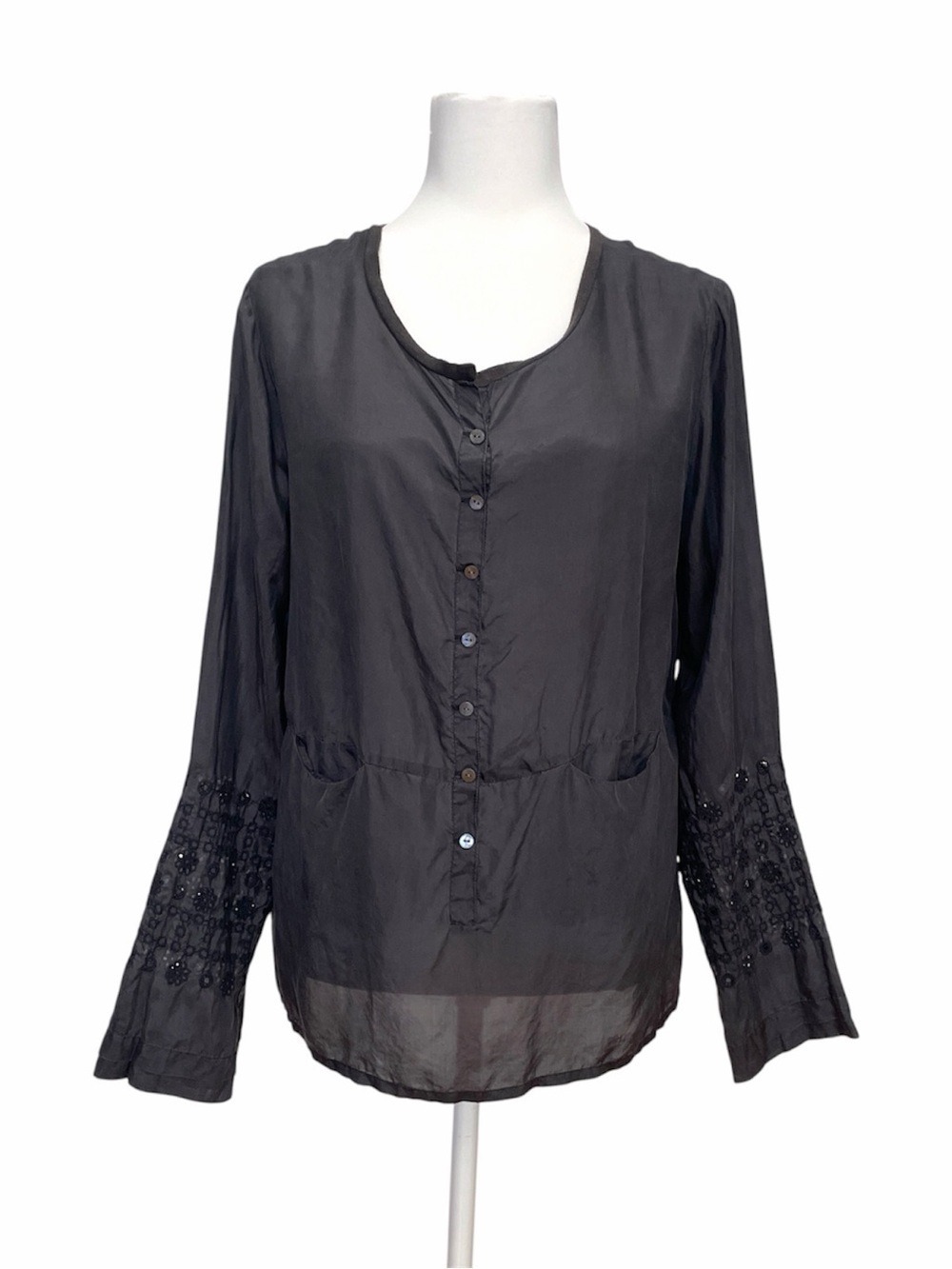 Johnny Was 100% Silk Embroidered Gray Boho Peasant Blouse Top Size Small